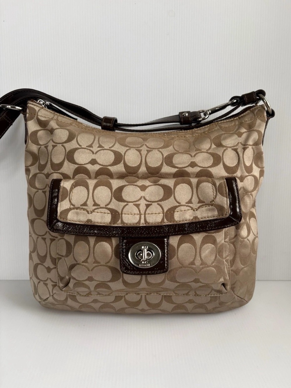 Coach Signature Beige Shoulder Bag with Dark Brown Trim